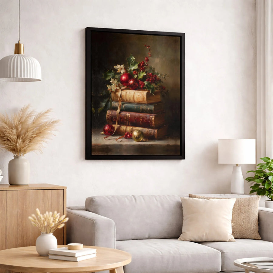 Vintage Christmas Book Canvas | Still Life Holly Berries Ornament Art | 1.25-Inch Gallery Wrap | Festive Seasonal Wall Decor Gift