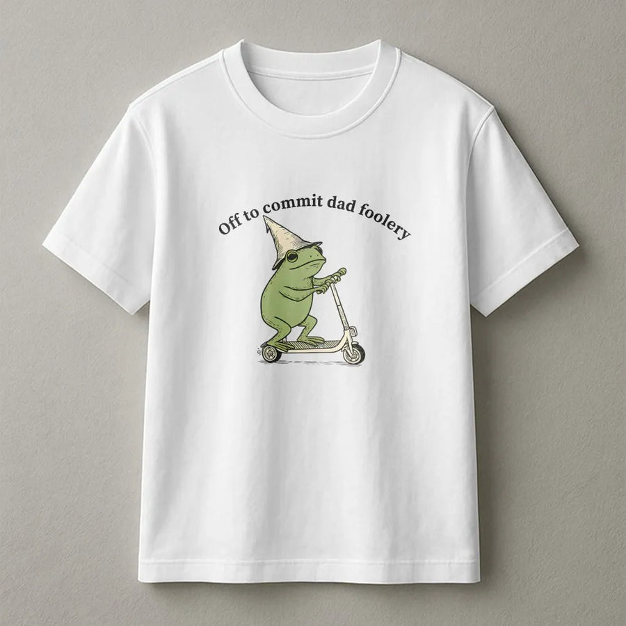 Dad Foolery T-Shirt | Funny Frog on Scooter Graphic Crewneck | Soft Cotton Blend | Humorous Gift For Dad, Fathers Day