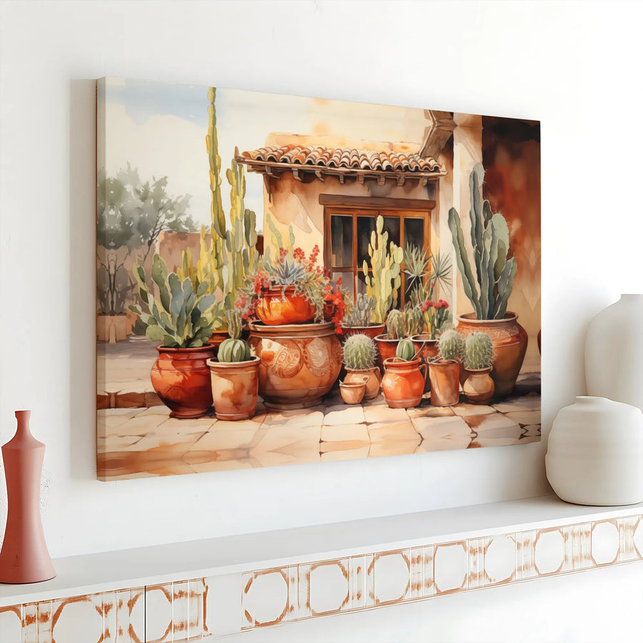 Southwestern Cactus Wall Art | Watercolor Desert Patio Scene | Premium Canvas Print | Boho Home Decor Gift for Plant Lover