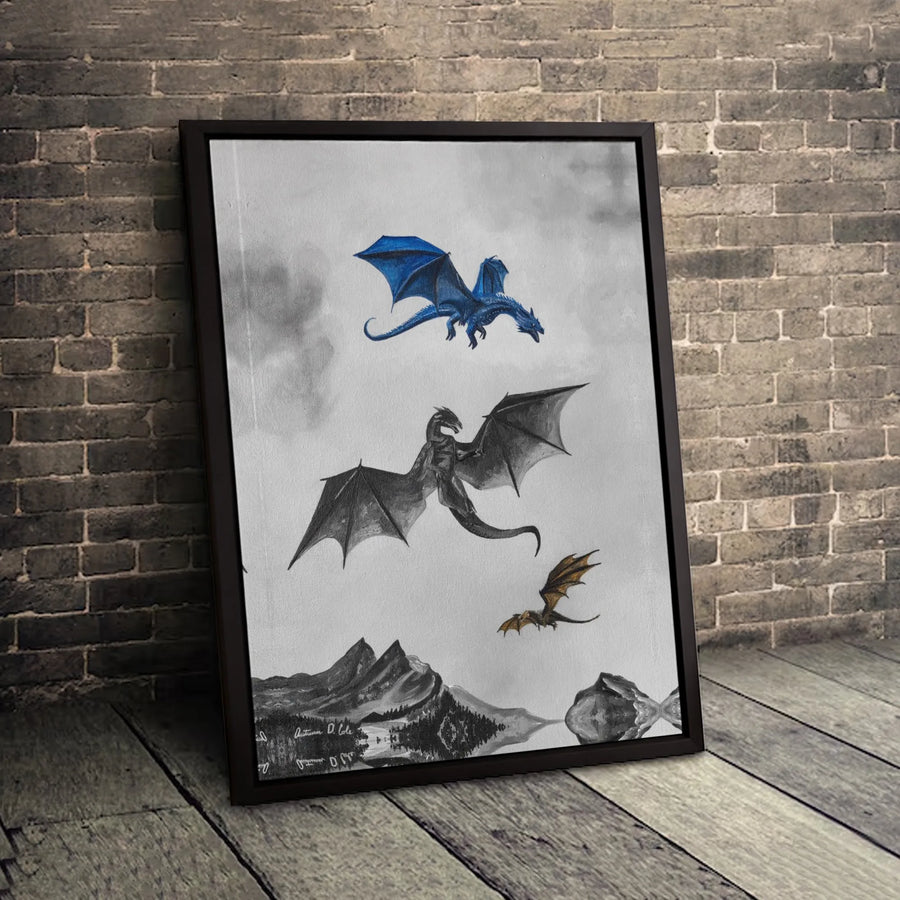 Three Dragons Canvas Print | Fantasy Mountain Landscape Wall Art | Premium 1.25-Inch Gallery Wrap | Gift for Dragon Lovers & Gamers