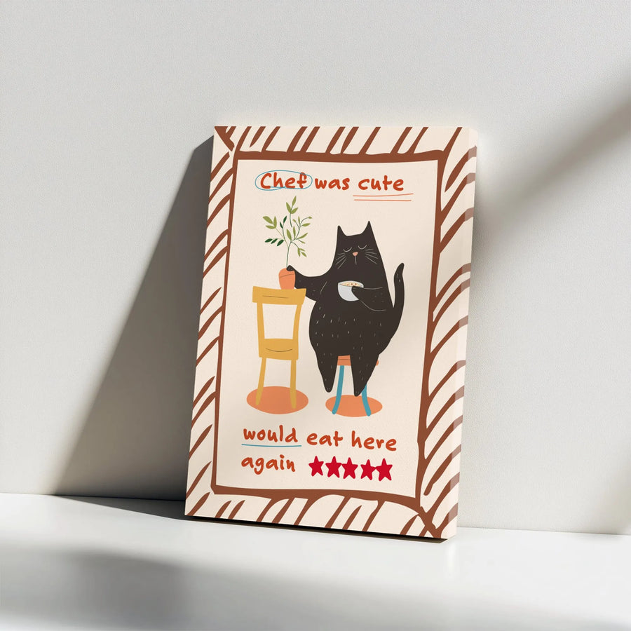 Cute Black Cat Canvas Wall Art | Chef Was Cute Would Eat Here Again Print | Modern Whimsical Kitchen Decor | Funny Cat Lover Gift Idea