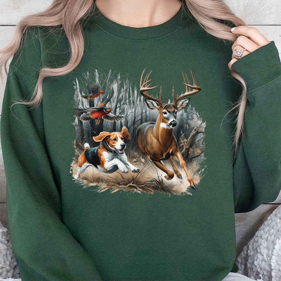 Deer Hunting Sweatshirt | Beagle Dog and Buck Chase Scene | Premium Cotton Blend | Gift for Hunter and Wildlife Lover