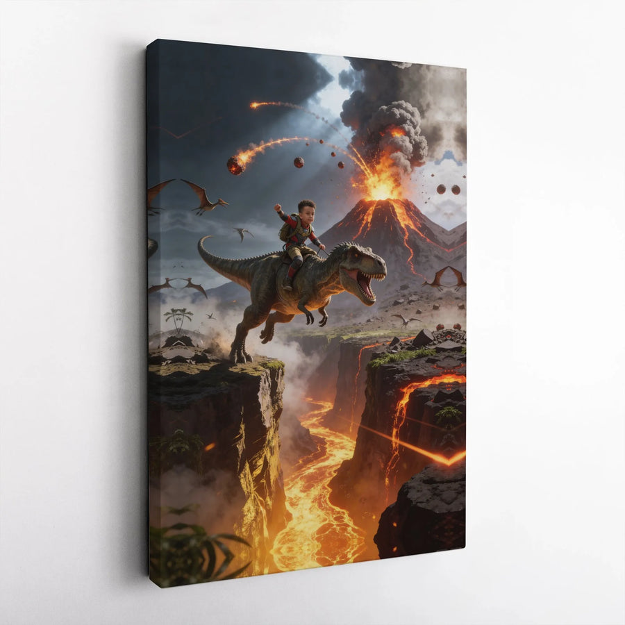Dinosaur Adventure Canvas Wall Art | Epic Volcano Eruption & T-Rex Rider | Premium Fade-Resistant Print | Gift for Boys Room Decor