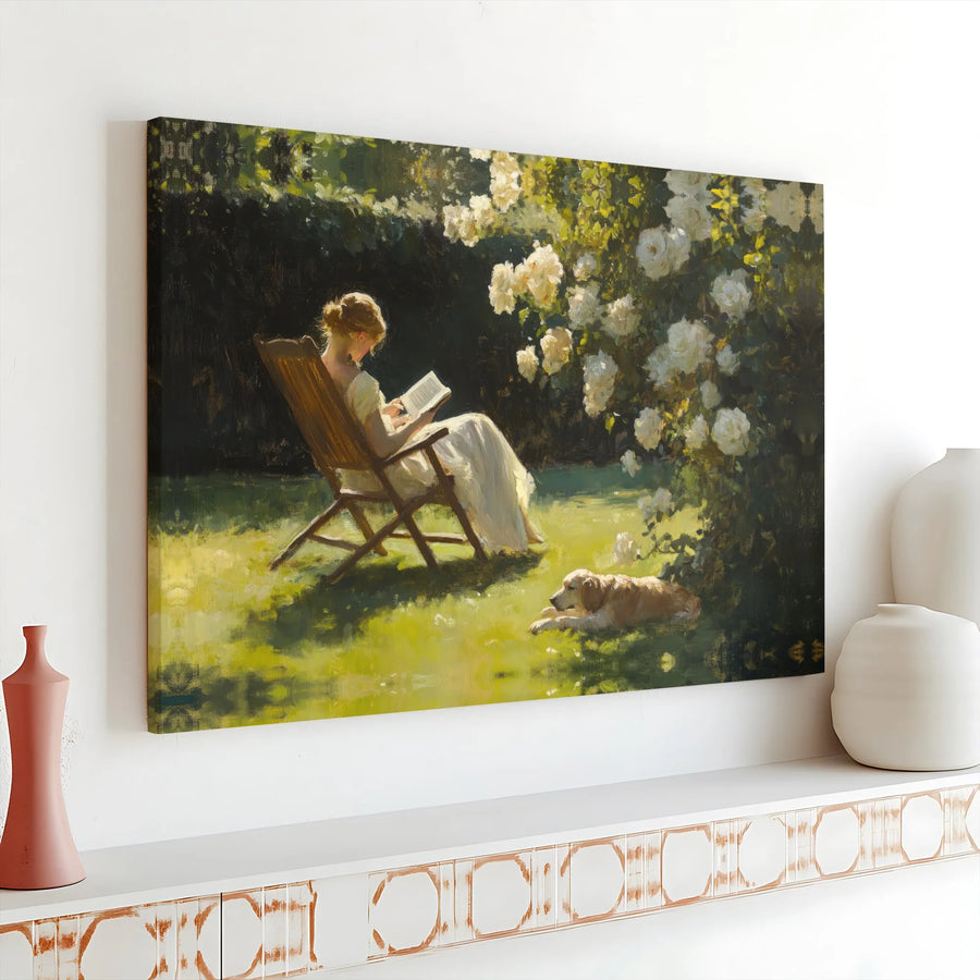 Vintage Woman Reading in Garden Canvas Print | Romantic Rose Garden Painting with Dog | Premium Gallery Wrapped Canvas | Cottagecore Wall Decor Gift for Book Lover