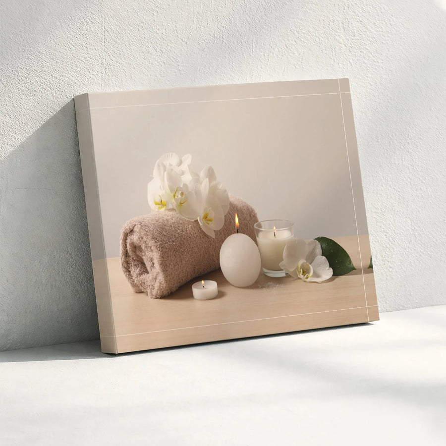 Zen Spa Canvas Wall Art | White Orchid Flowers & Candles Print | Premium Gallery Wrapped Canvas | Calming Bathroom & Salon Decor Gift