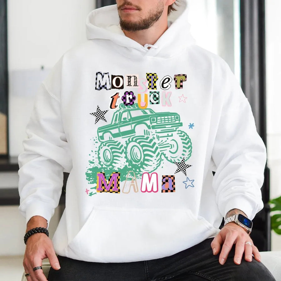 Monster Truck Mama Hoodie | Retro Checkered Graphic Pullover | Soft Cotton Blend | Trendy Gift for Mom