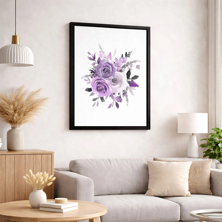Purple Watercolor Rose Canvas Wall Art | Floral Bouquet Print | Gallery-Quality 1.25-Inch Thick | Elegant Home Office Decor Gift