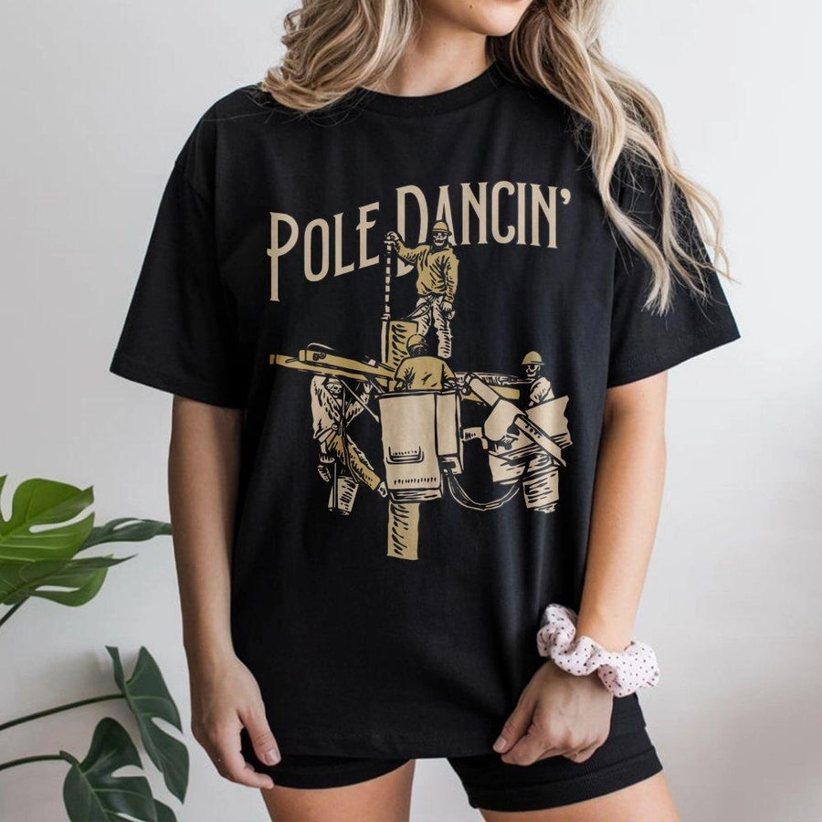 Lineman Pole Dancin' T-Shirt | Funny Skeleton Electrician Graphic | Premium Cotton Crewneck | Unique Gift for Powerline Technician & Utility Workers