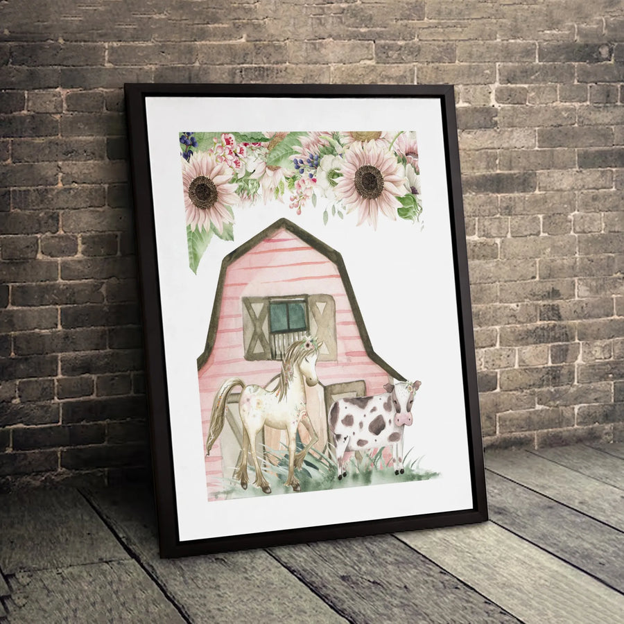 Watercolor Farm Animal Canvas Wall Art | Pink Barn With Horse And Cow | Premium Floral Gallery Wrap | Rustic Nursery Decor Gift