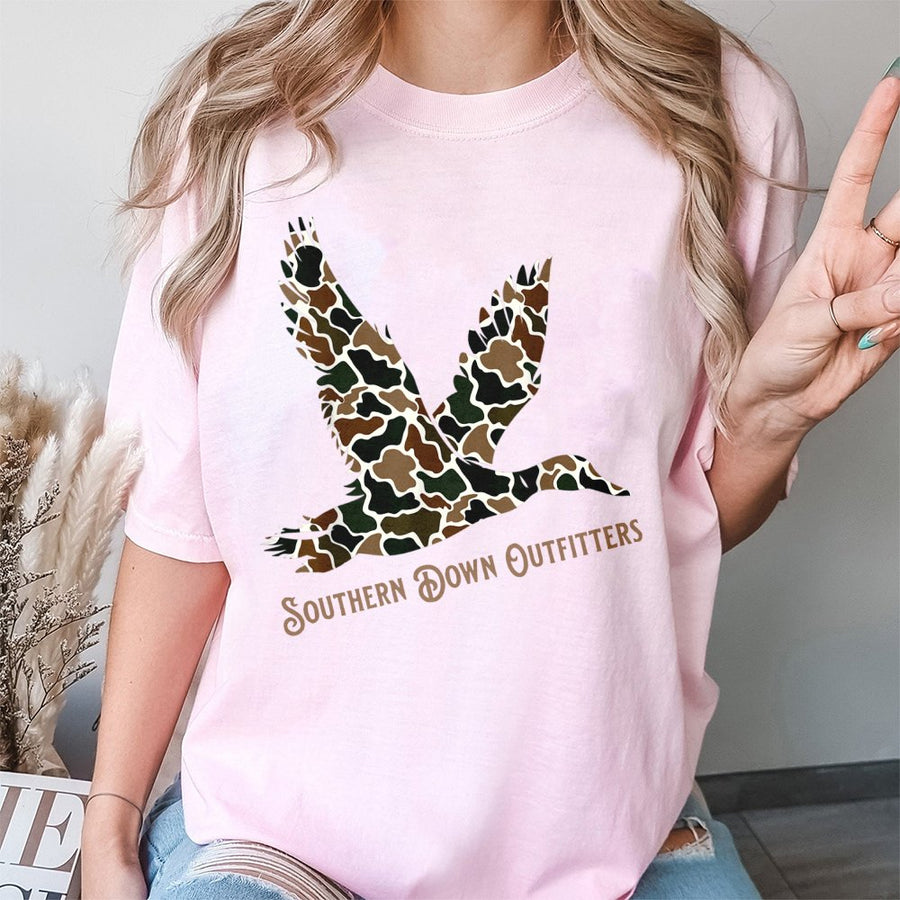 Duck Camo Graphic T-Shirt | Flying Mallard Silhouette Print | 100% Soft Cotton | Country Life Outdoor Lifestyle Gift for Outdoorsmen