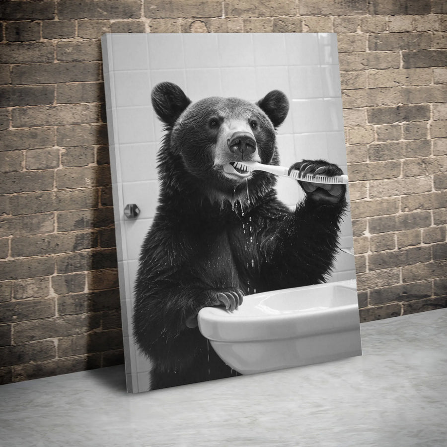 Funny Bear Brushing Teeth Canvas Art | Whimsical Bathroom Wall Decor | Premium 1.25" Gallery Wrap | Unique Gift for Animal Lovers