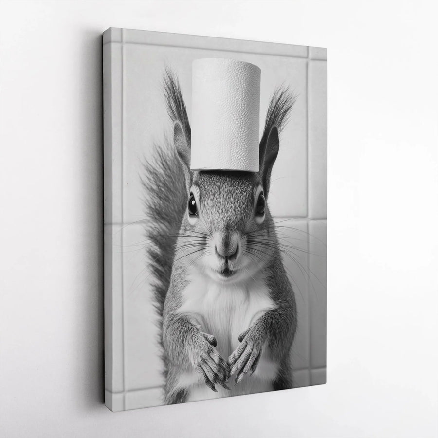 Funny Squirrel Toilet Paper Vertical Canvas | Black and White Animal Photography | Premium Gallery Wrapped Wall Art | Unique Bathroom Decor Gift