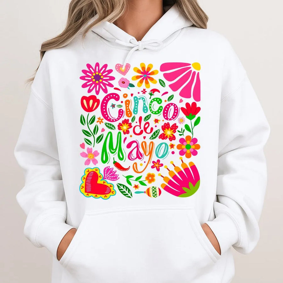 Cinco De Mayo Hoodie | Colorful Mexican Folk Art Graphic | Premium Cotton-Blend Sweatshirt | Unisex Fiesta Party Gift