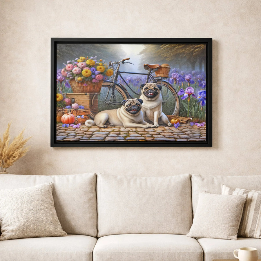 Pug Dog Canvas Wall Art | Whimsical Garden Bicycle Scene | Premium Gallery-Wrapped Print | Gift for Dog Lovers & Pet Owners