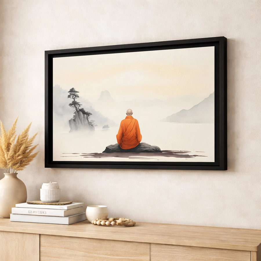 Meditating Monk Canvas Wall Art | Zen Buddhist Landscape Print | Premium Gallery Wrapped Decor | Spiritual Meditation Room Gift for Yoga Lovers
