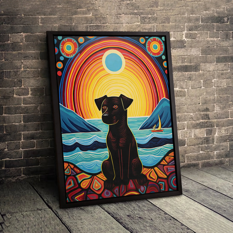 Black Dog Canvas Wall Art | Vibrant Folk Art Seascape Decor | Premium Gallery-Wrapped Print | Unique Pet Lover Gift for Living Room