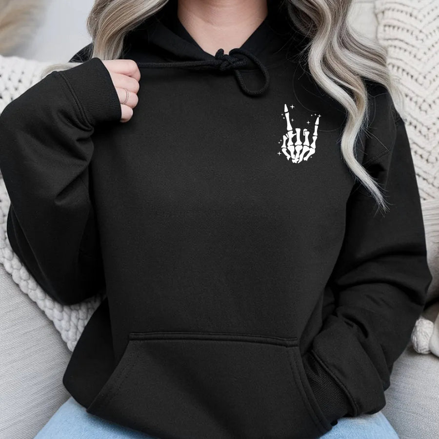 Skeleton Hand Rock On Hoodie | Spooky Minimalist Graphic Tee | Premium Soft Cotton | Unisex Halloween Gift for Music Fans
