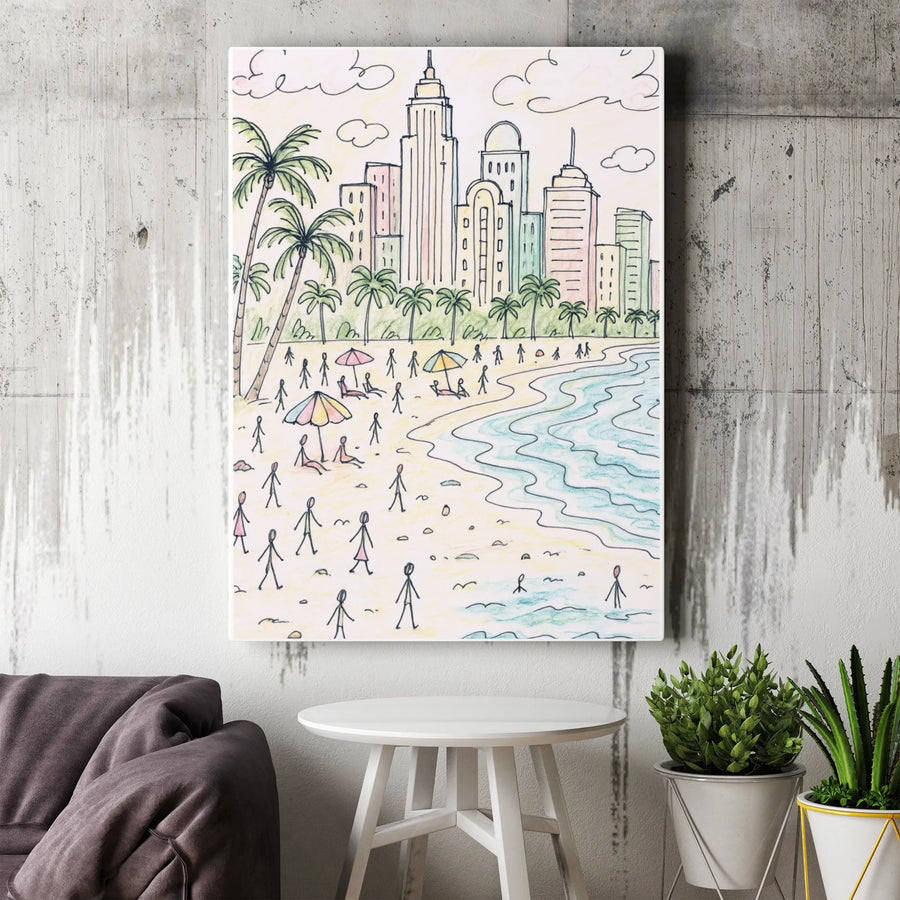 Beach City Skyline Canvas Print | Whimsical Sketch Illustration | Gallery Quality Wall Art | Coastal Decor Gift for Home or Office