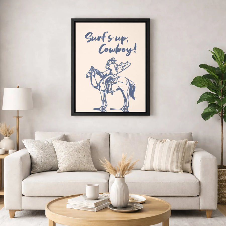 Surf's Up Cowboy Wall Art | Coastal Western Horse Riding Illustration | Premium Gallery Wrapped Canvas | Boho Beach House Decor Gift