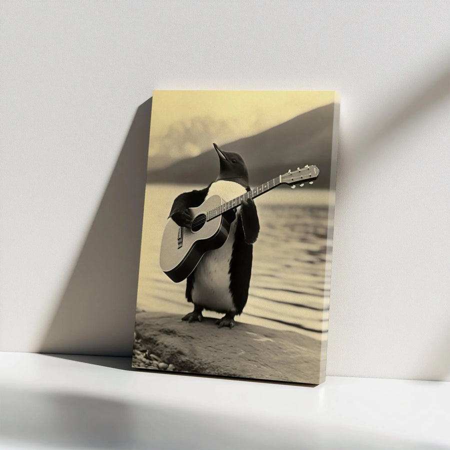 Penguin Playing Guitar Vertical Canvas | Whimsical Vintage Animal Photography | Premium Thick Gallery Wrap Wall Art | Unique Home Decor Gift for Musician