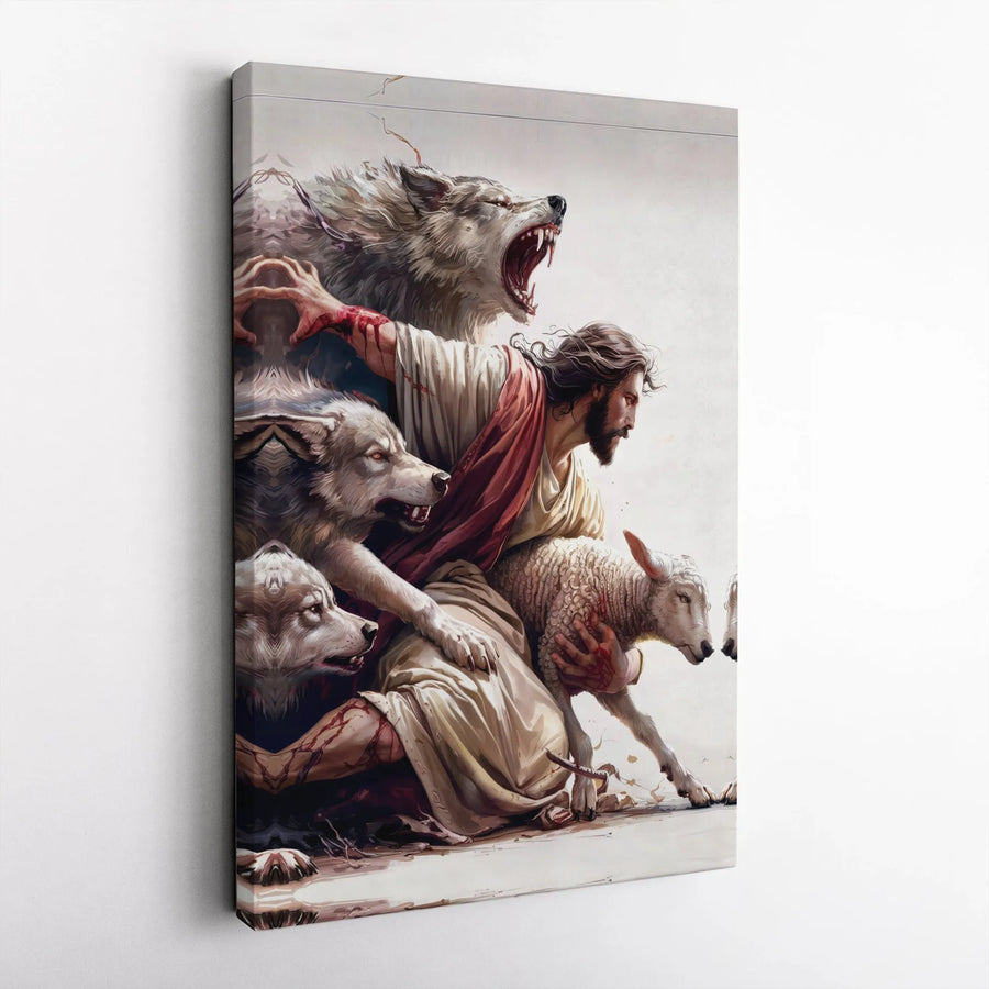 Jesus Protecting Lamb Canvas Wall Art | Dramatic Good Shepherd and Wolves Artwork | Premium Gallery Wrap | Christian Home Decor Gift for Believers