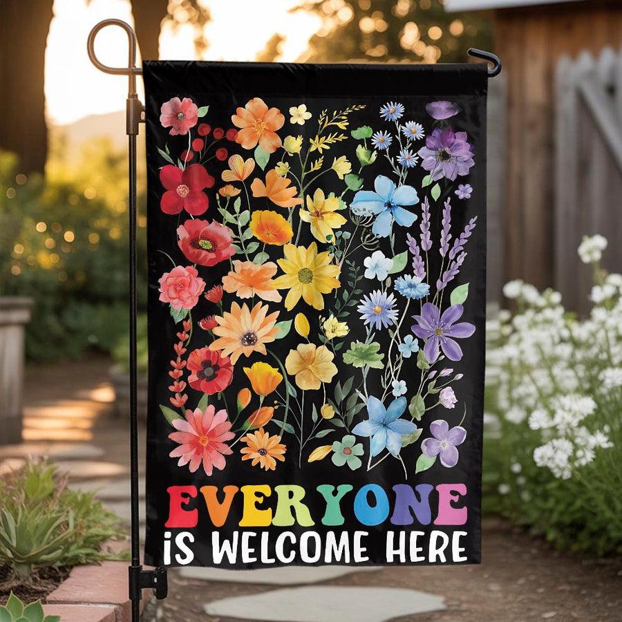 Everyone Is Welcome Here Garden Flag | Vibrant Floral Inclusion Yard Decor | Weather-Resistant Premium Polyester | Equality & Kindness Gift for Home
