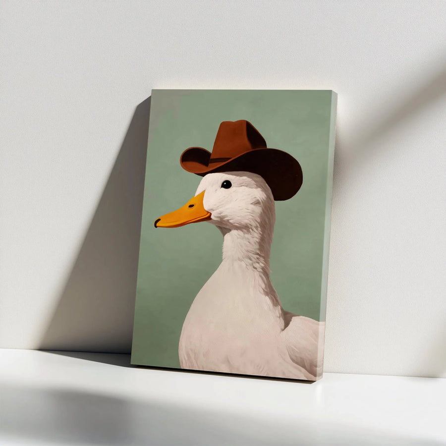 Cowboy Duck Wall Art | Whimsical Animal Portrait Canvas | Premium Gallery Wrap Decor | Farmhouse Nursery & Office Gift