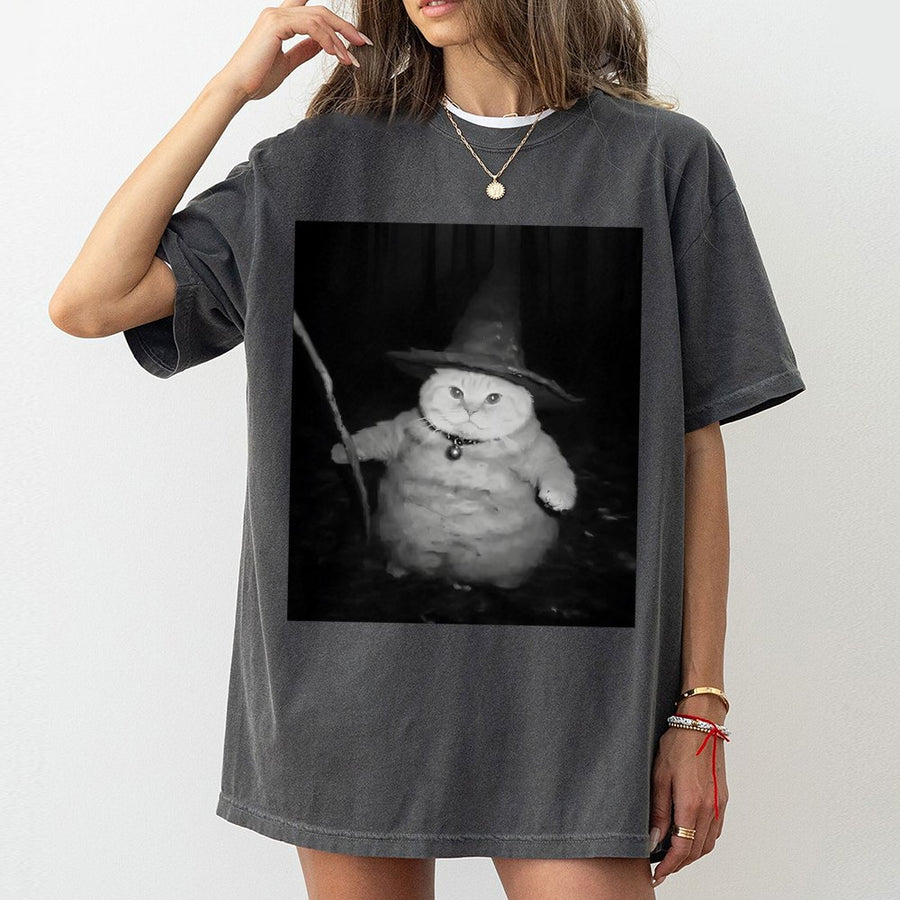 Wizard Cat T-Shirt | Funny Magical Kitten With Staff Graphic | Premium Cotton Unisex Tee | Cute Meme Gift For Cat Lovers