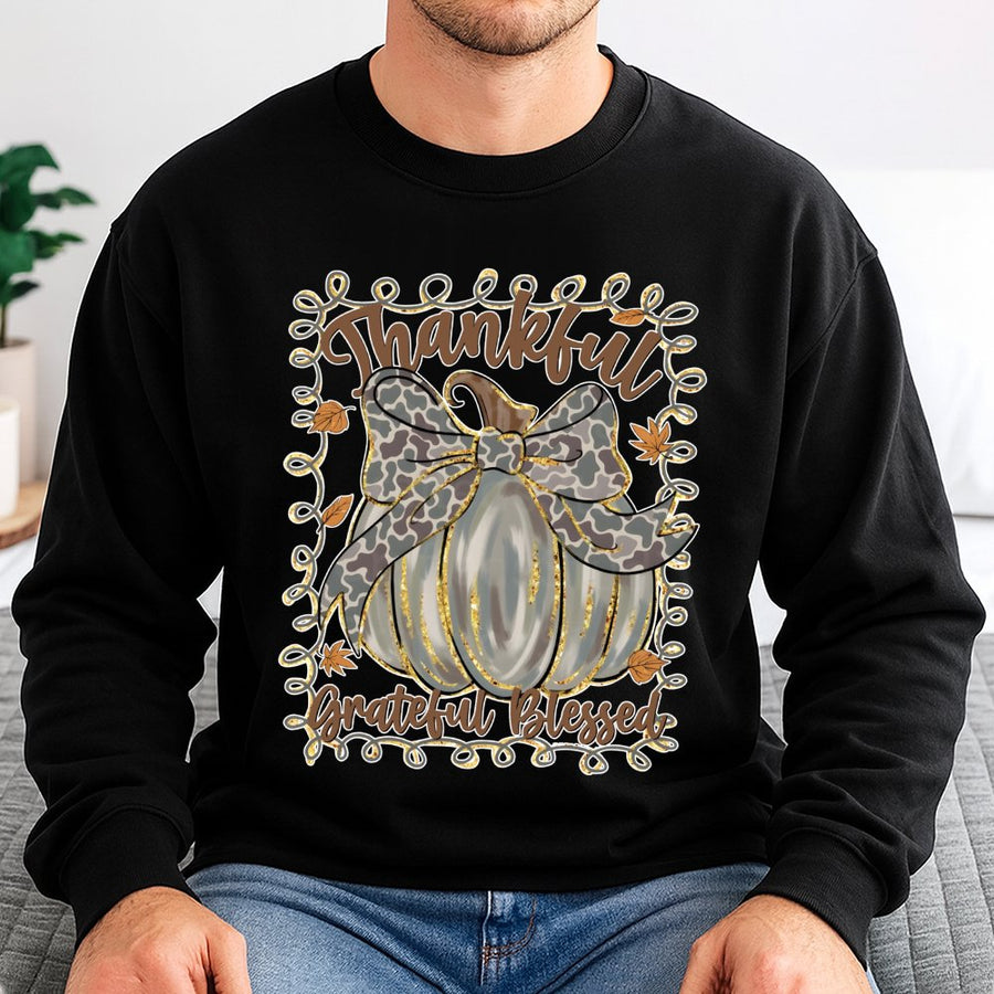Thankful Grateful Pumpkin Sweatshirt | Leopard Print Coquette Bow Design | Soft Cotton Blend | Thanksgiving Fall Gift For Women