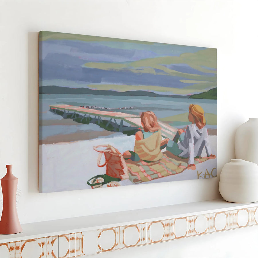 Coastal Landscape Canvas Wall Art | Impressionist Painting Print of Women on Beach | Premium Thick Gallery Wrap Canvas | Beach House Decor Gift