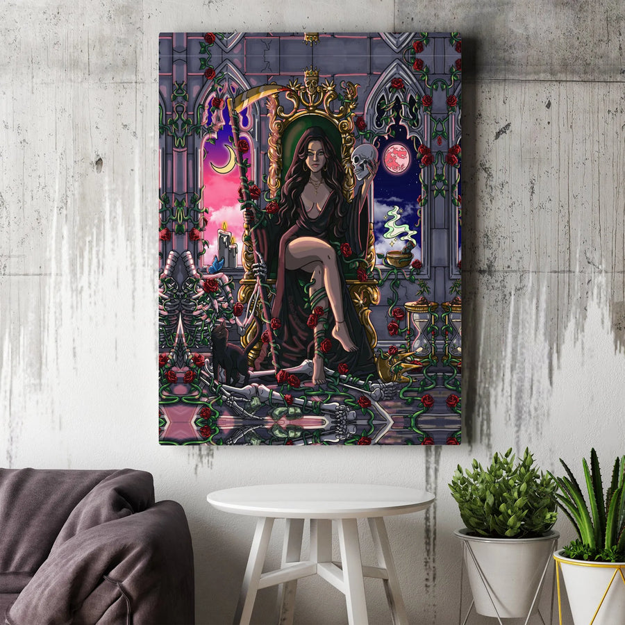 Gothic Queen Canvas Print | Dark Fantasy Art with Skull & Roses | Premium Gallery Wrapped Canvas | Witchy Home Decor Gift for Her
