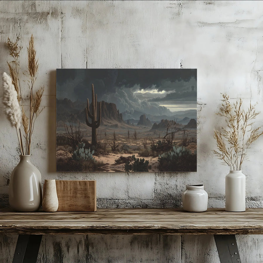 Arizona Desert Landscape Canvas | Stormy Saguaro Cactus Wall Art | Premium 1.25” Gallery Wrap | Moody Western Home Decor Gift
