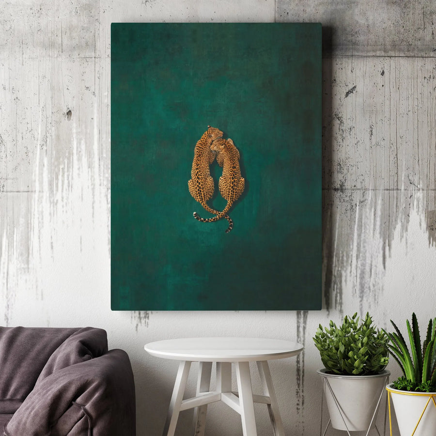 Leopard Wall Art Canvas | Two Cuddling Leopards With Intertwined Tails | Premium Gallery Wrapped Print | Botanical Green Wildlife Decor Gift