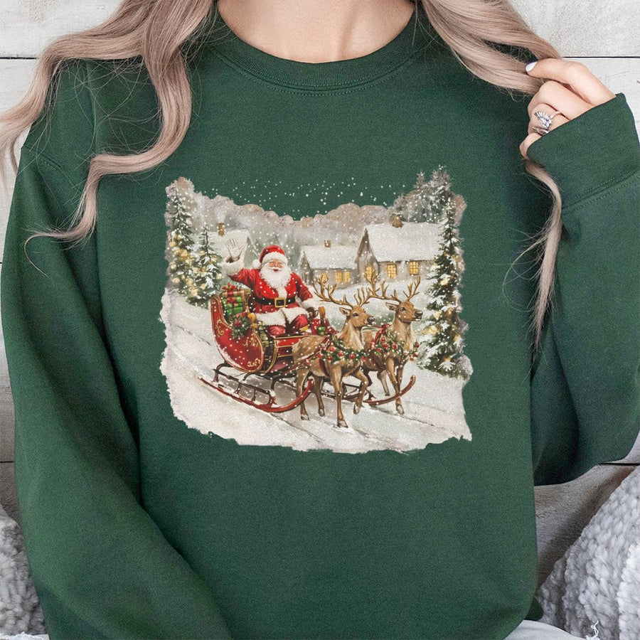 Retro Santa Claus Sweatshirt | Vintage Christmas Reindeer Sleigh Graphic | Premium Cotton Blend Crewneck | Festive Holiday Gift for Women and Men