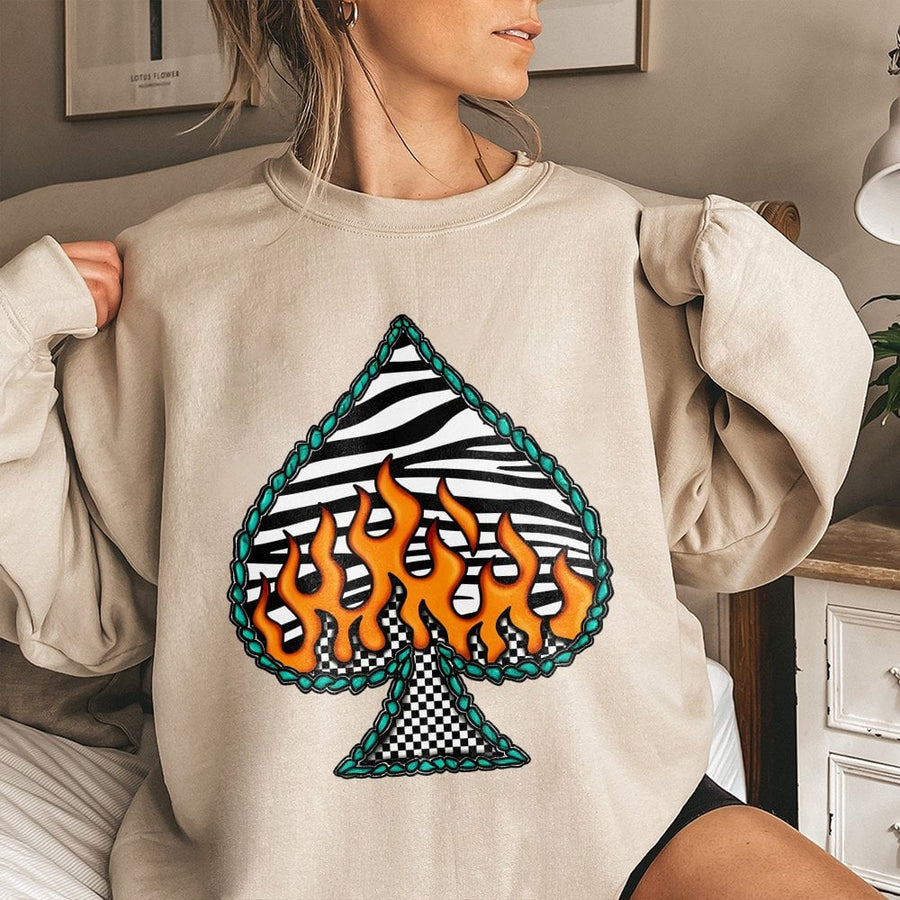 Spade Graphic Sweatshirt | Zebra Print Flame Poker Card Design | Premium Cotton-Blend | Aesthetic Western Streetwear Gift for Women & Men