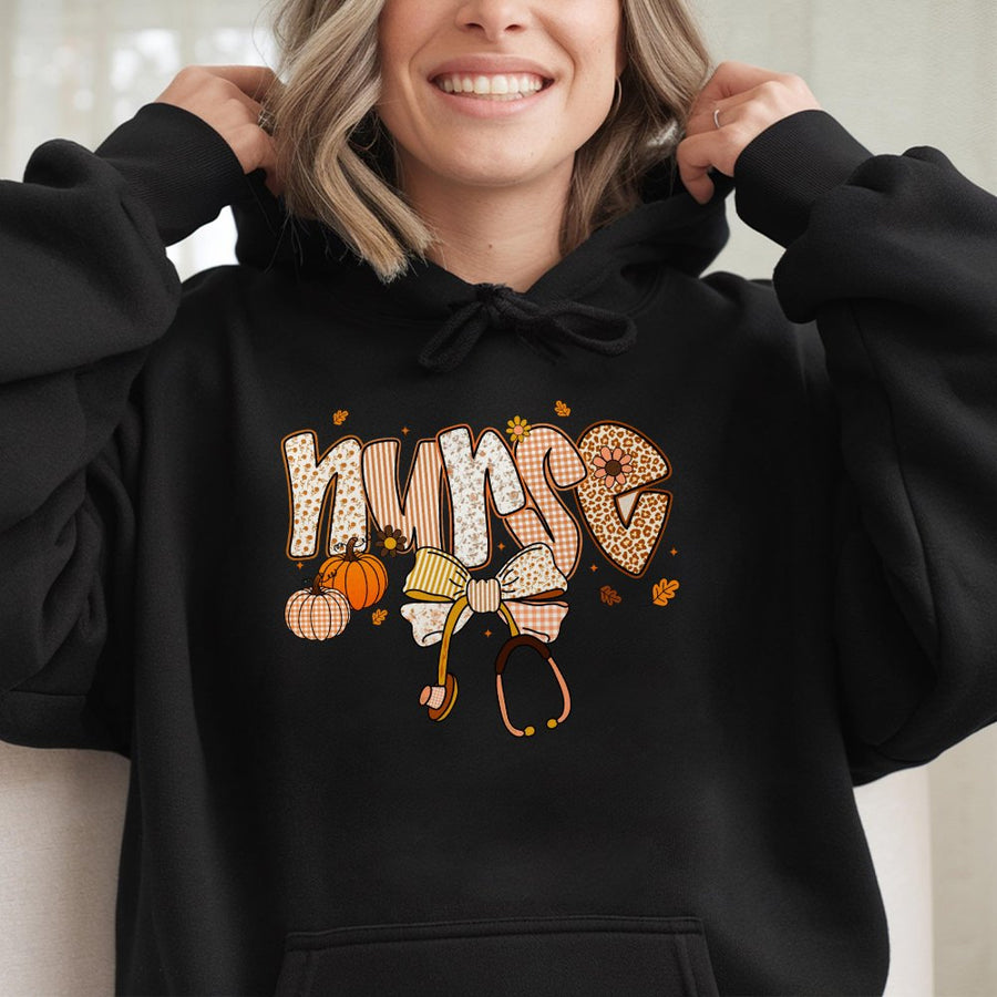 Fall Nurse Hoodie | Pumpkin Stethoscope Bow Graphic | Cotton-Blend Comfort | Cute Autumn Nursing School Graduation Gift for Her