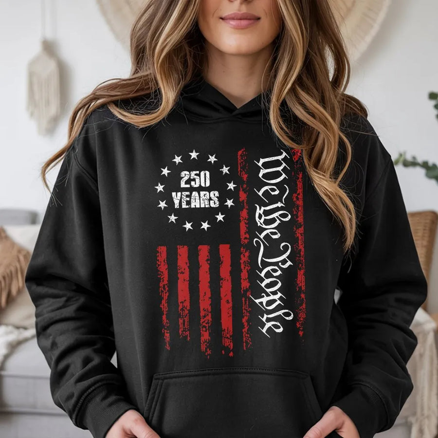 250th Anniversary Hoodie | We The People Distressed American Flag | Premium Cotton Blend | Commemorative Patriot Gift
