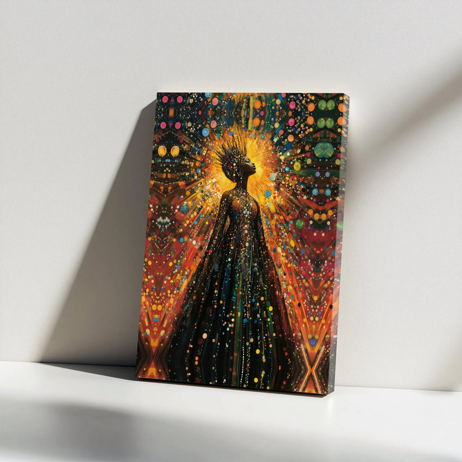 Afrocentric Woman Canvas Art | Cosmic Light Burst Design | Premium Gallery-Wrapped Wooden Frame | Spiritual Celestial Wall Decor for Home