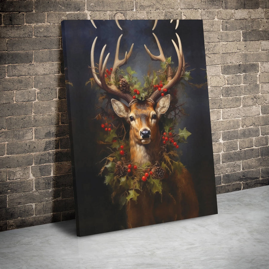 Christmas Stag Canvas Wall Art | Rustic Deer with Holly Wreath | Premium Gallery Wrap Print | Festive Holiday Home Decor