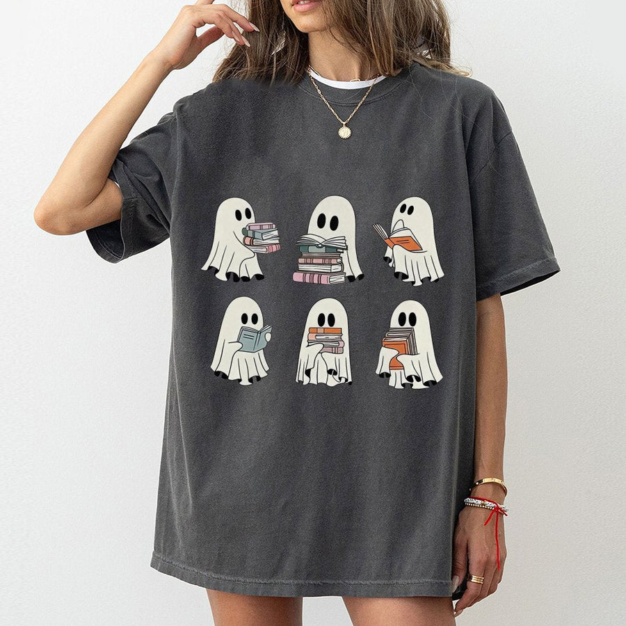 Reading Ghost T-Shirt | Cute Halloween Book Lover Gift | Premium Cotton Graphic Tee | Apparel for Teachers, Librarians, and Readers