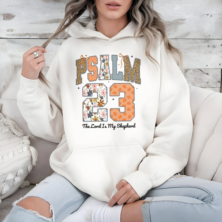 Psalm 23 Hoodie | The Lord Is My Shepherd Faith Apparel | Premium Cotton Blend Christian Gift | Fall Floral Pumpkin Bible Verse Graphic Pullover