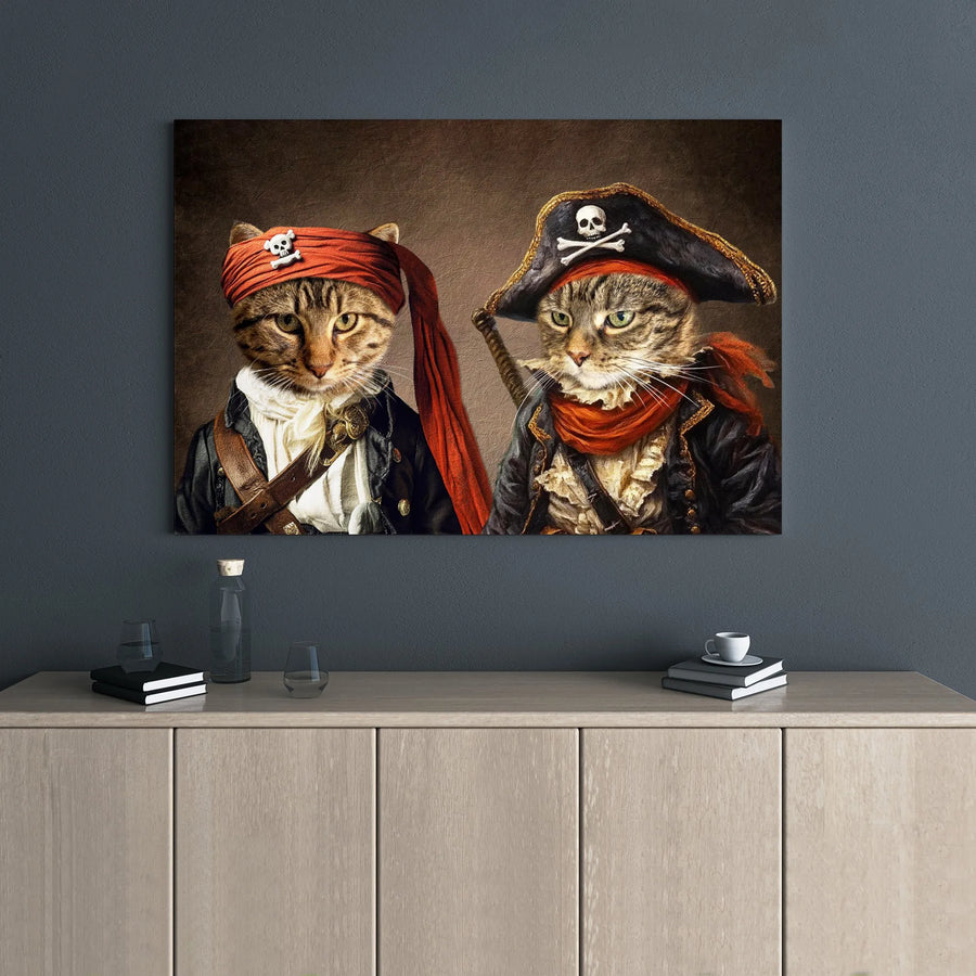 Pirate Cat Canvas Wall Art | Whimsical Two Tabby Pirates Portrait | Premium Gallery Wrapped Decor | Unique Animal Lover Gift for Home Office