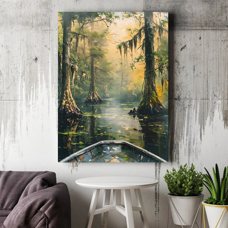 Misty Bayou Swamp Canvas Print | Atmospheric Cypress Trees and Boat Wall Art | Premium Gallery Wrap | Nature-Inspired Home Decor Gift