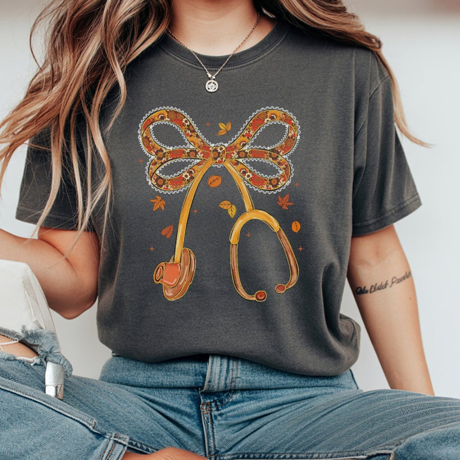 Fall Nurse T-Shirt | Boho Stethoscope With Autumn Leaves Bow | Premium Cotton Unisex Tee | Nursing Student Thanksgiving Gift