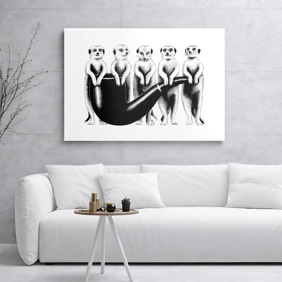 Five Meerkats With Smoking Pipe Canvas Art | Surreal Wildlife Stipple Drawing | Premium Gallery Wrap Decor | Unique Animal Lover Gift