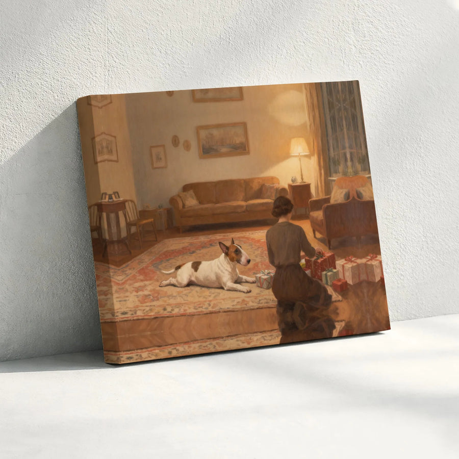 Bull Terrier Christmas Canvas Wall Art | Vintage Holiday Painting with Woman Wrapping Gifts | Premium Matte Print | Unique Gift for Dog Lover