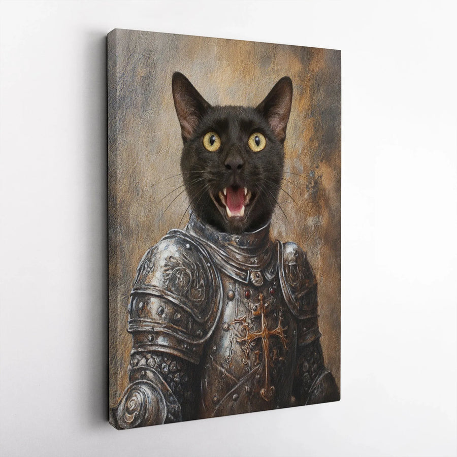 Black Cat Knight Canvas Wall Art | Funny Medieval Pet Portrait | Premium Gallery Canvas | Collector's Gift for Cat Lovers