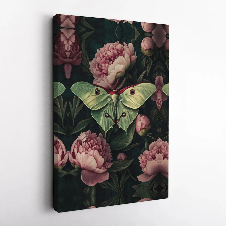 Luna Moth Canvas Wall Art | Vintage Botanical Illustration with Peonies | Premium Gallery Wrapped Canvas | Dark Cottagecore Home Decor Gift
