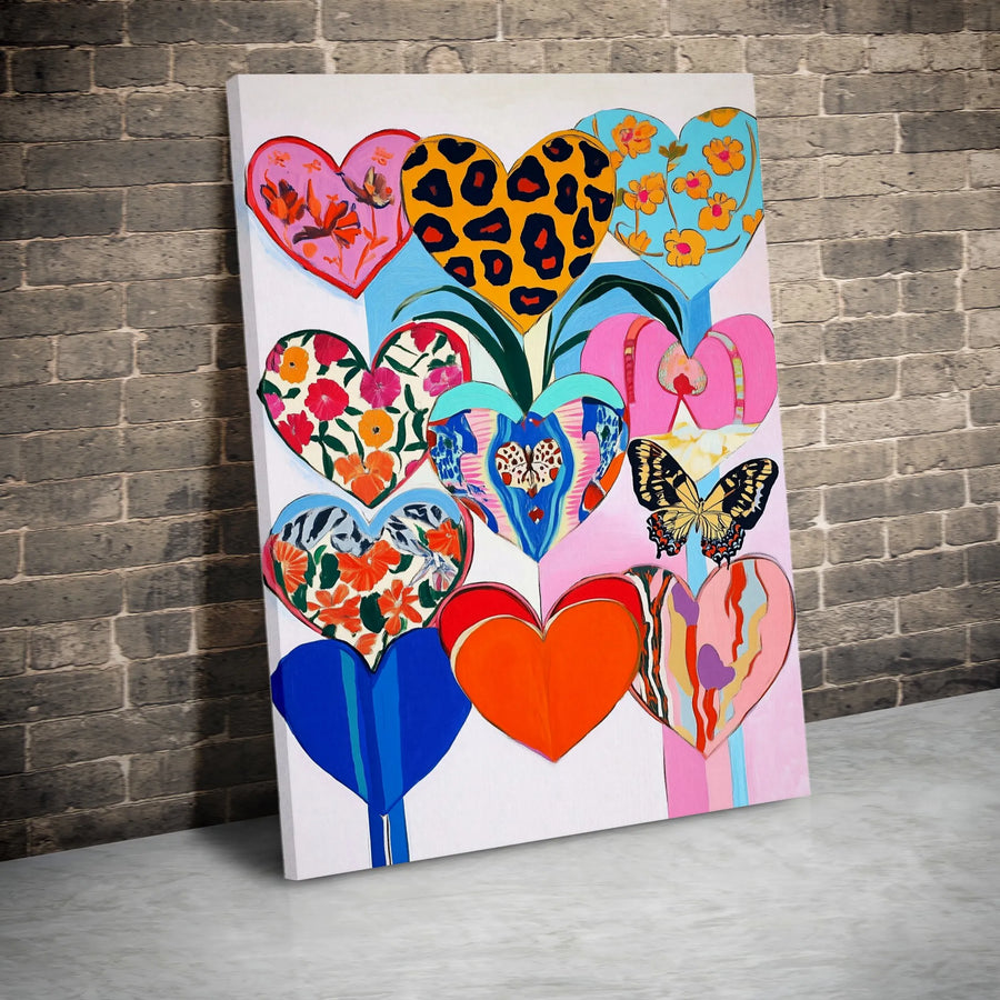 Colorful Heart Canvas Wall Art | Pop Art Butterfly & Leopard Print Decor | Premium Gallery Wrap | Vibrant Modern Home Gift