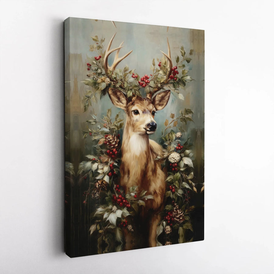 Majestic Deer Canvas Wall Art | Christmas Holiday Holly & Pinecone Decor | Gallery Wrapped Premium Canvas | Winter Rustic Farmhouse Home Gift